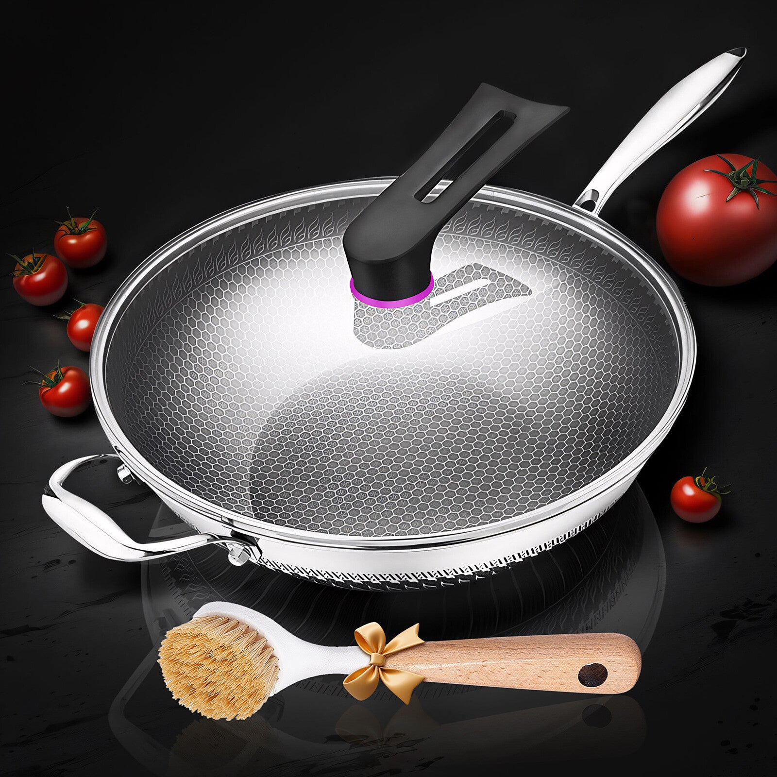 13" Large Honeycomb Wok Stainless Steel Nonstick Frying Pan Induction Cookware