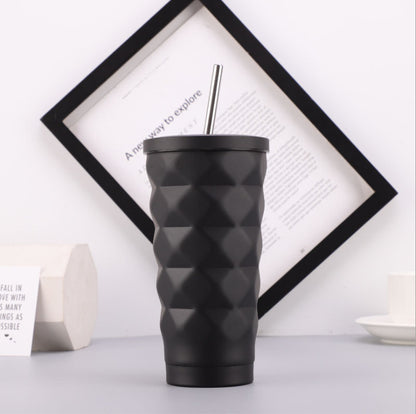 Elegant Diamond Pattern Stainless Steel Thermos with Straw