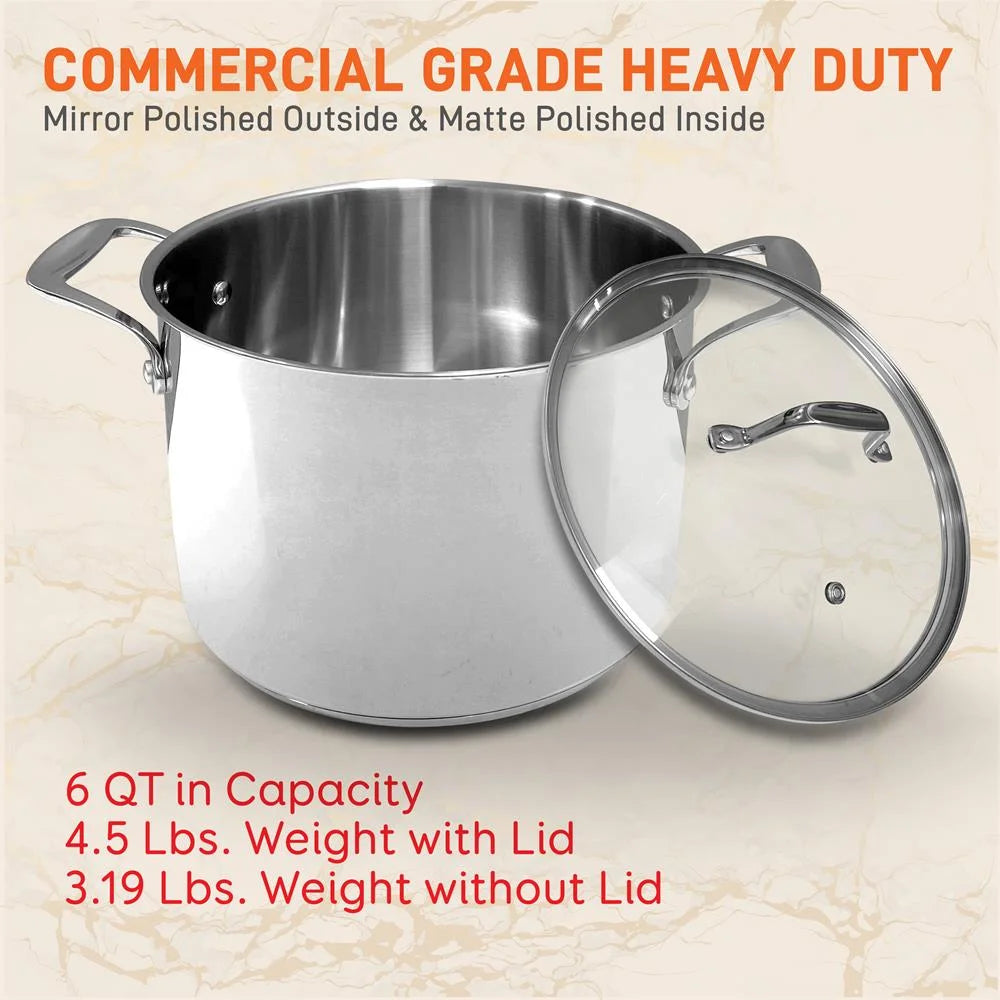 6-Quart Stainless Steel Stock Pot - 18/8 Food Grade Steel Heavy Duty Induction 
