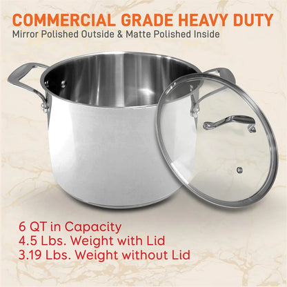6-Quart Stainless Steel Stock Pot - 18/8 Food Grade Steel Heavy Duty Induction 