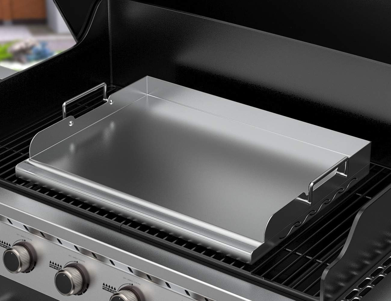 Universal Stainless Steel Griddle Flat Top Plate with Even Heating Bracing for BBQ Charcoal/Gas Grills, 17" X 13"