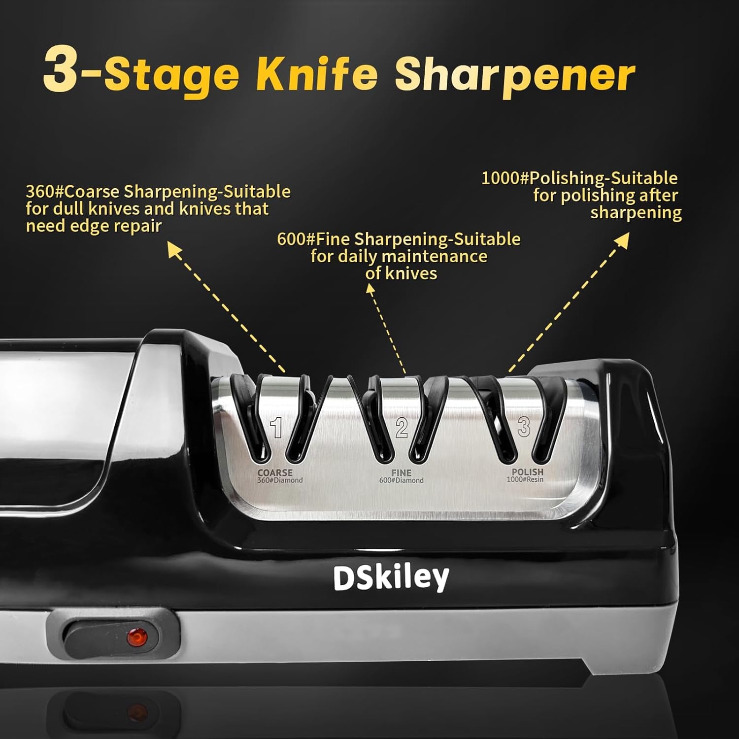 Professional 3-Stage Electric Knife Sharpener for Kitchen Knives, with 100% Diamond Abrasive 20° Precision Angle Guide