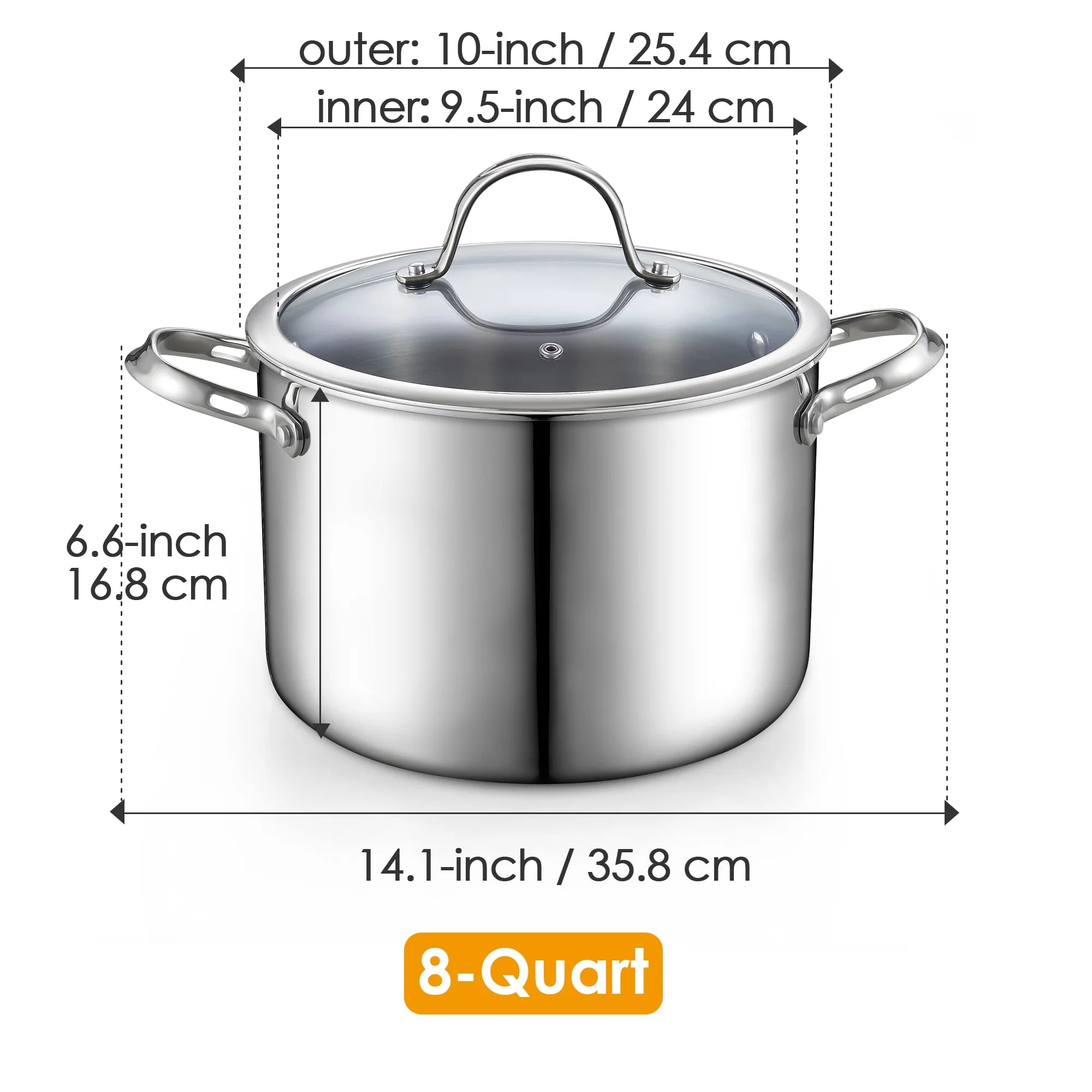 Stainless Steel Stock Pot, 8-Quart Multi-Ply Clad Cooking Canning Pot with Lid, Induction Stockpot, Silver