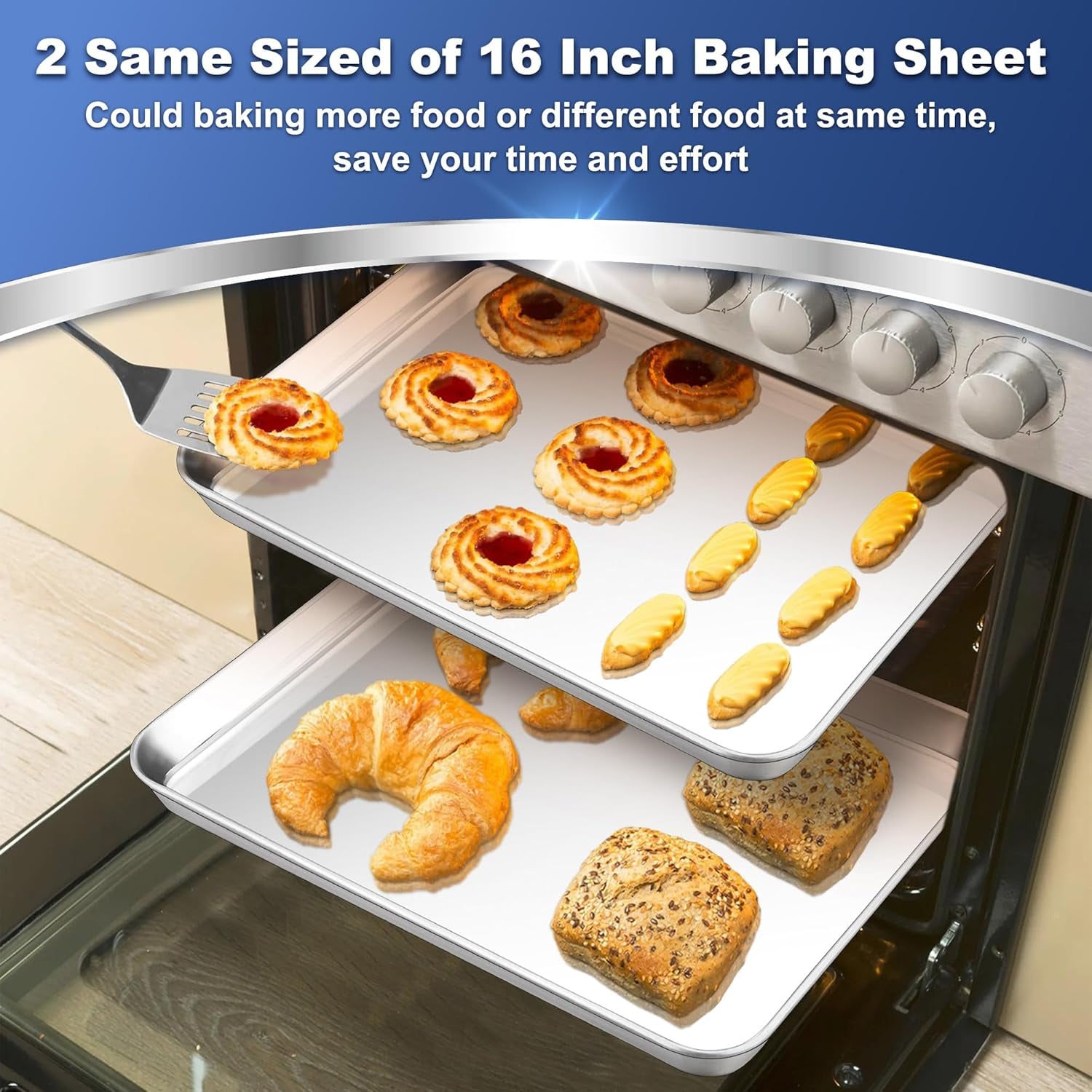 16 Inch Baking Cookie Sheet, Oven Pan Tray Stainless Steel Sheet Pan for Kitchen, Oven Bakeware for Multi Uses, Shiny Look & Dishwasher Safe, 2PCS