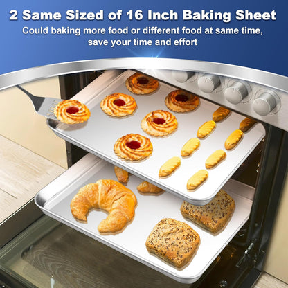 16 Inch Baking Cookie Sheet, Oven Pan Tray Stainless Steel Sheet Pan for Kitchen, Oven Bakeware for Multi Uses, Shiny Look & Dishwasher Safe, 2PCS
