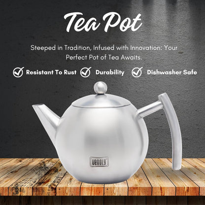 Stainless Steel Tea Pot with Removable Infuser for Loose Leaf and Tea Bags, Dishwasher Safe and Heat Resistant (Silver, 1.5 Liter)