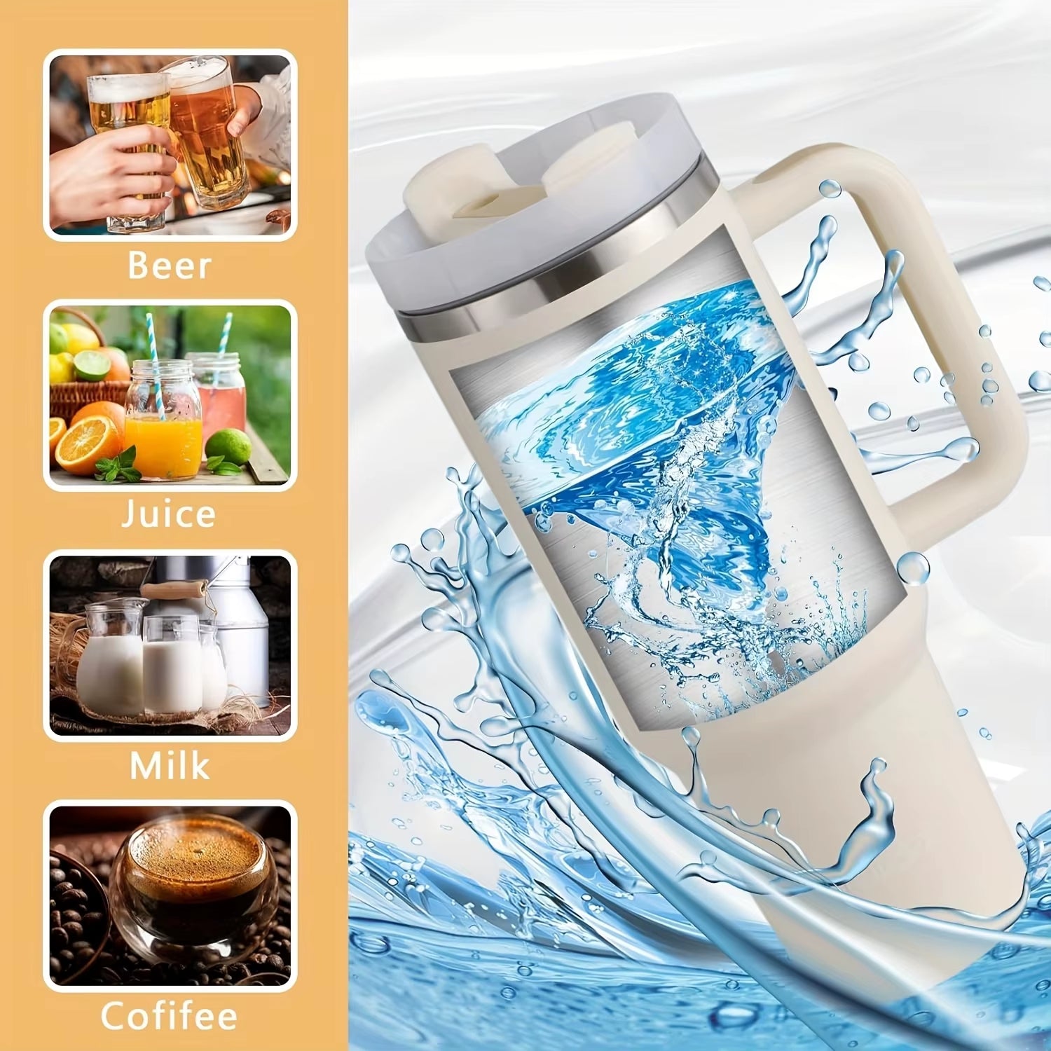1Pc 1200Ml/40Oz Tumbler with Handle, Reusable Vacuum Insulated Bottle, with Lid and Straws, Leakproof Portable Drinking Cu