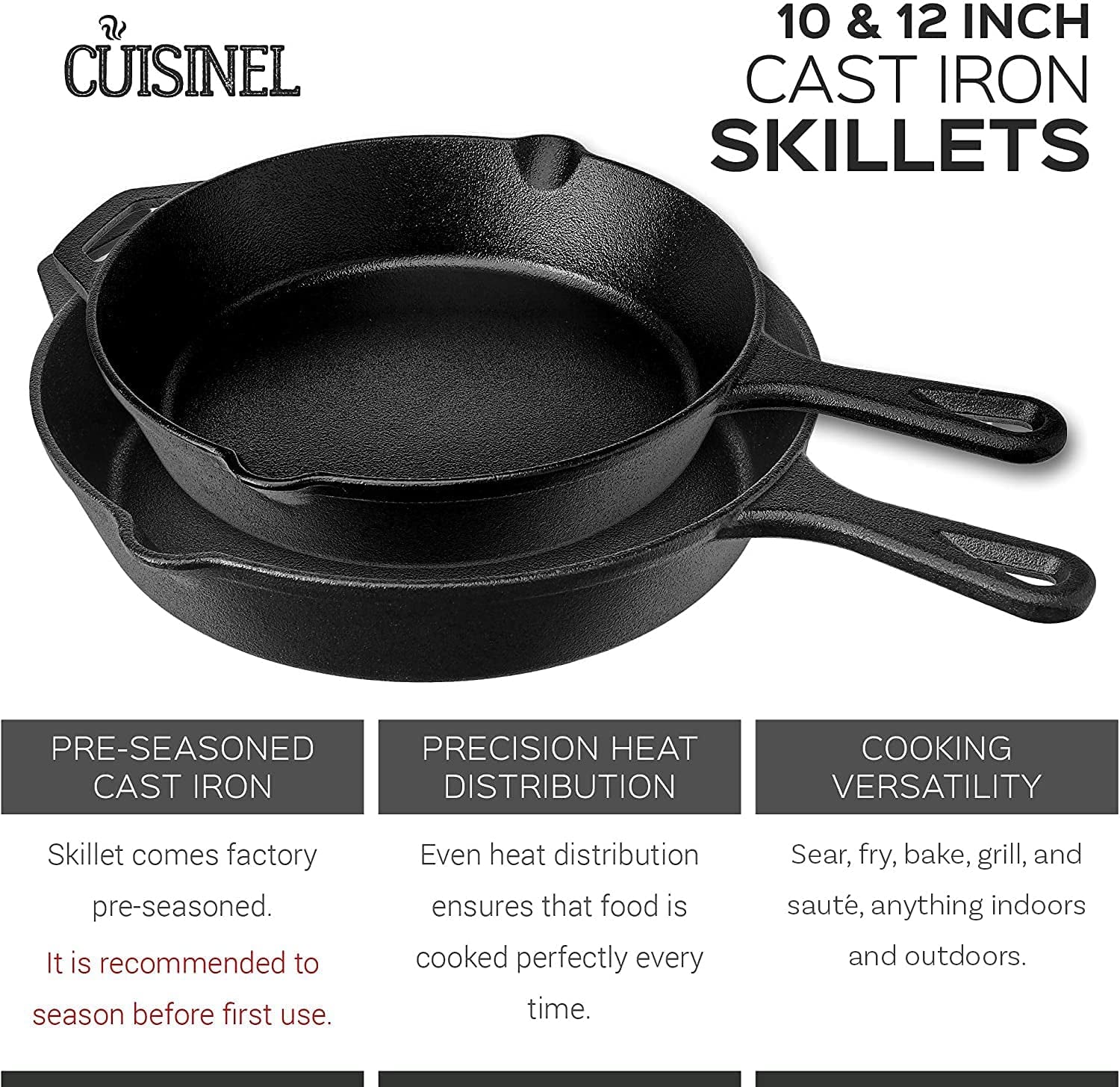 Cast Iron Skillet Set 10" & 12" Frying Pans with Glass Lids & Silicone Handle Grips