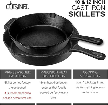 Cast Iron Skillet Set 10" & 12" Frying Pans with Glass Lids & Silicone Handle Grips