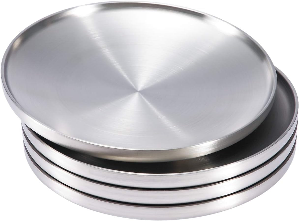 9" Stainless Steel Dinner Plate, Double-Layer round Dessert Plate - Set of 4