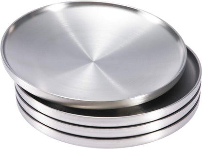 9" Stainless Steel Dinner Plate, Double-Layer round Dessert Plate - Set of 4