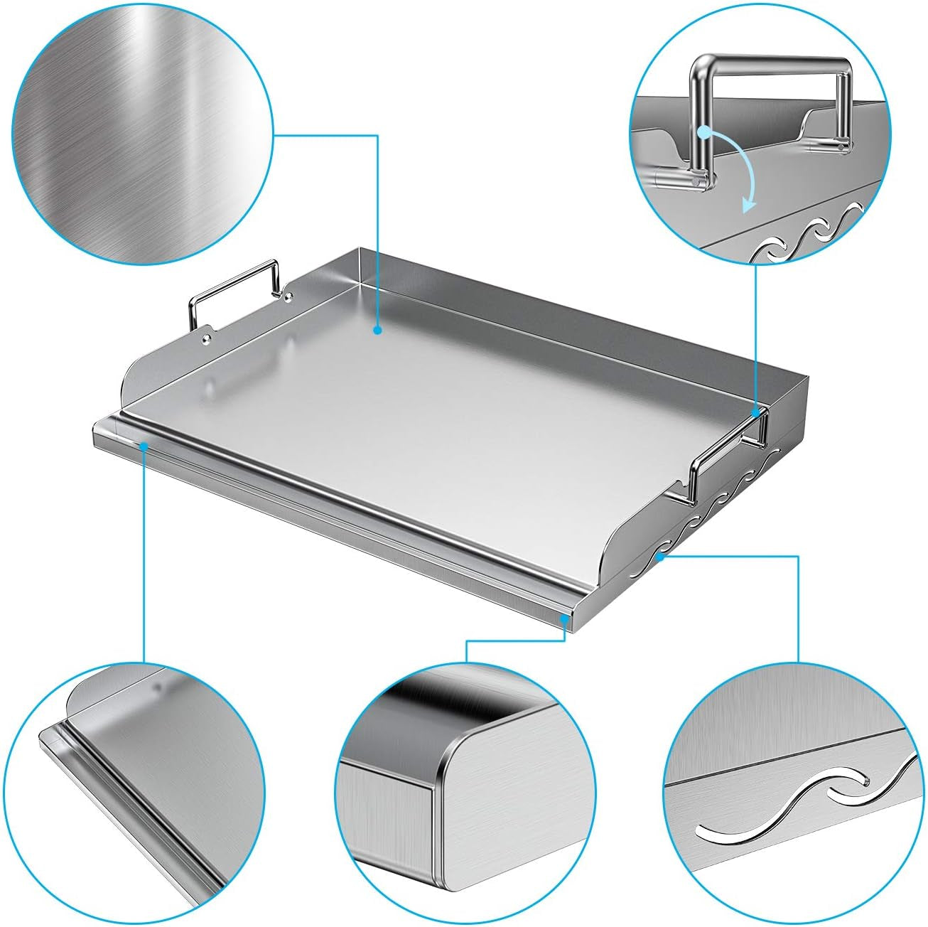 Universal Stainless Steel Griddle Flat Top Plate with Even Heating Bracing for BBQ Charcoal/Gas Grills, 17" X 13"