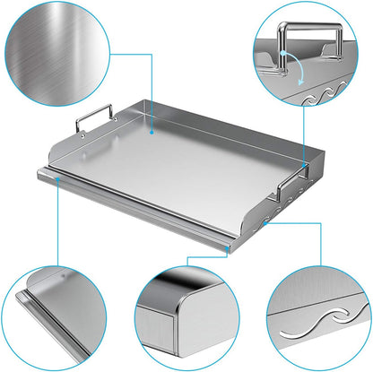 Universal Stainless Steel Griddle Flat Top Plate with Even Heating Bracing for BBQ Charcoal/Gas Grills, 17" X 13"