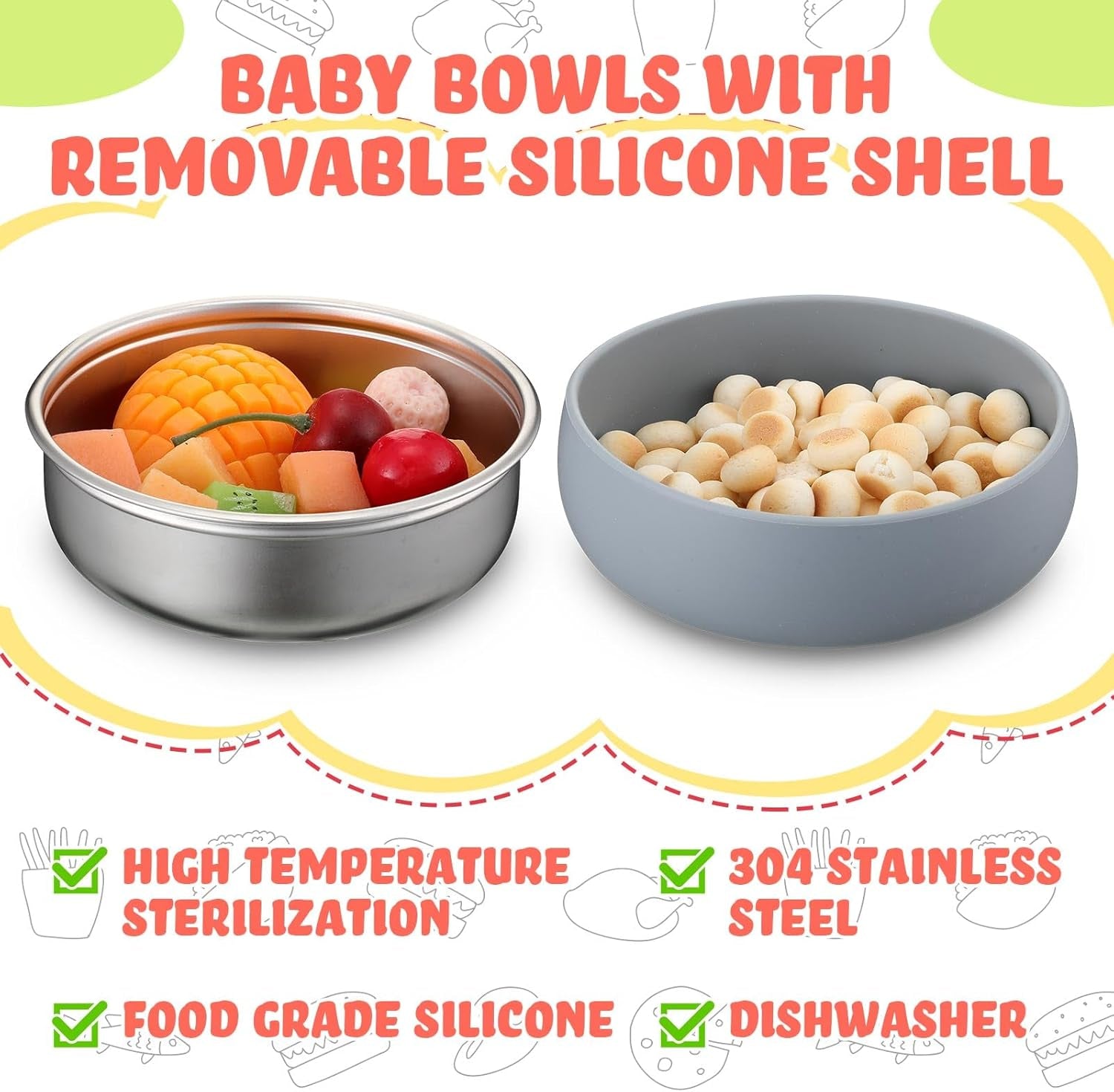 6 Pcs Stainless Steel Baby Bowls with Removable Silicone Shell for Kids, Dishwasher Safe