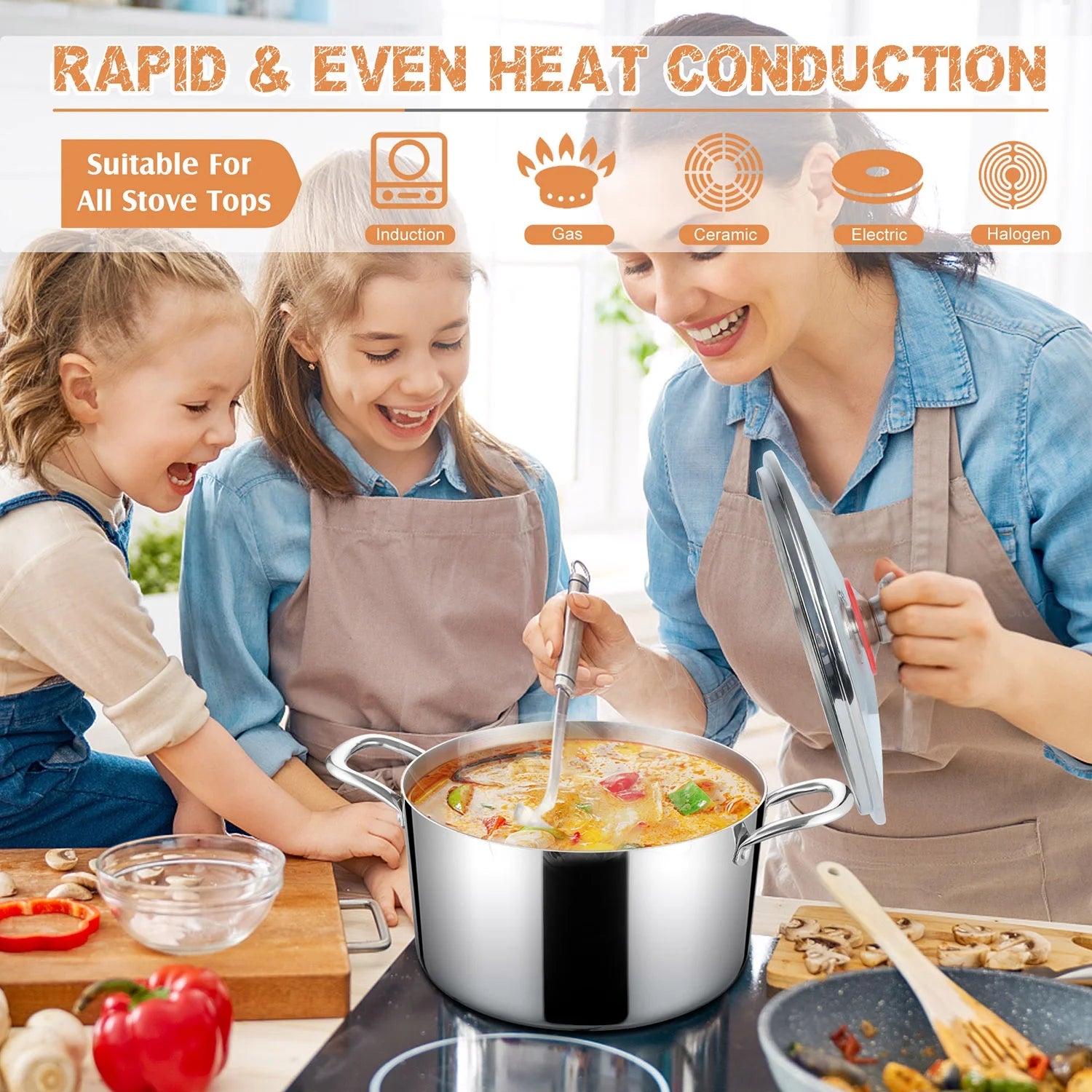 8 QT Stainless Steel Stock Pot with Glass Lid, Cooking Soup Pot with 3-Ply Whole Clad For