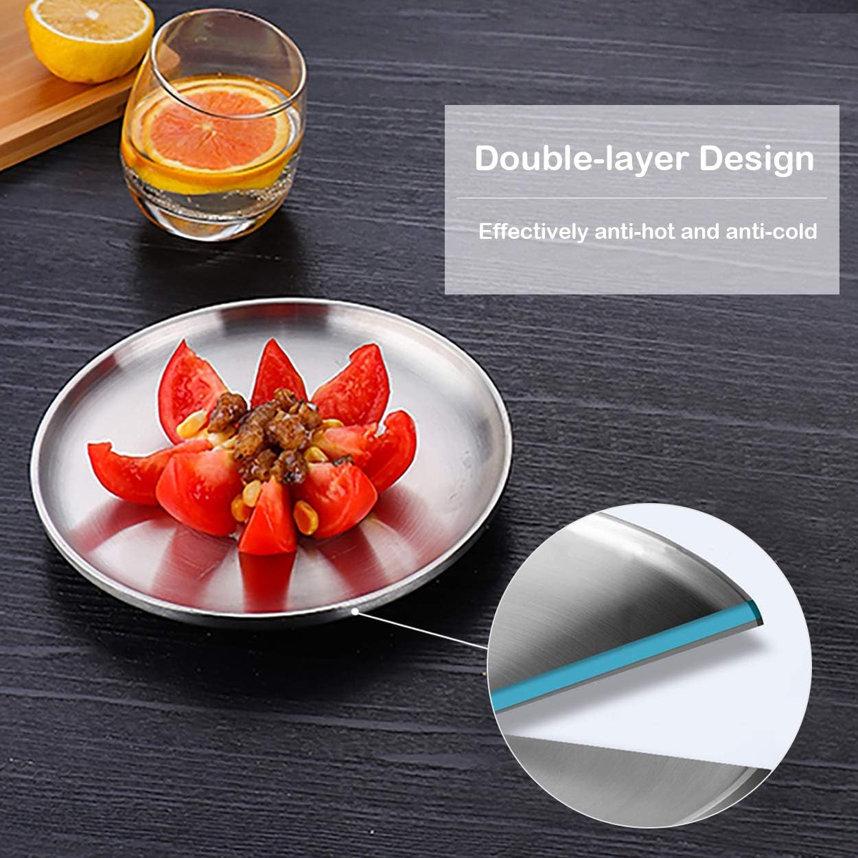 9" Stainless Steel Dinner Plate, Double-Layer round Dessert Plate - Set of 4