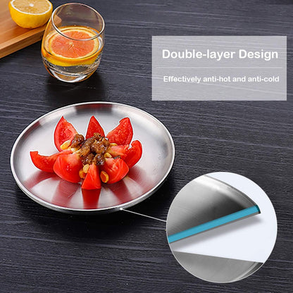 9" Stainless Steel Dinner Plate, Double-Layer round Dessert Plate - Set of 4