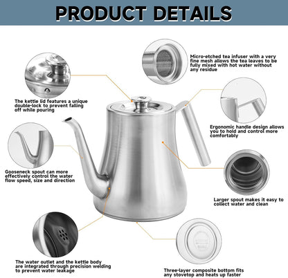 68 oz. Stainless Steel Teapot with Removable Infuser, Stovetop Safe Tea Maker Water Kettle for Loose Leaf & Tea Bags, Silver