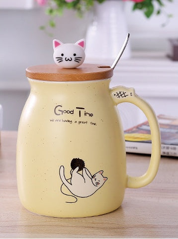 450ml Cartoon Cat Ceramic Mug with Lid & Spoon – Coffee, Tea, Breakfast Cup