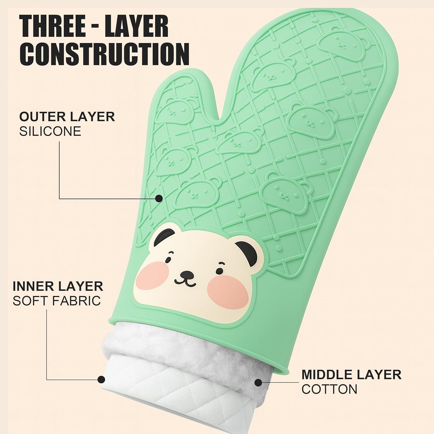 Silicone Oven Mitts Cute Bear - Non-Slip Kitchen Gloves for Baking & BBQ - Soft Cotton Lined, Waterproof & BPA-Free Potholders - Machine Washable & Heat Resistant up to 500°F - Green, 1 Pair
