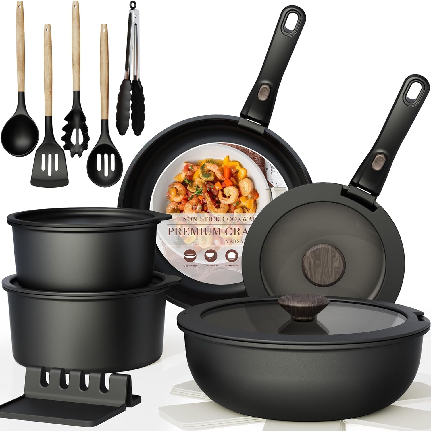 Non Stick Pots and Pans Ceramic Kitchen Cookware Set with Detachable/Removable Handle, Oven Safe, Induction Ready, 21 Pcs