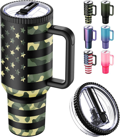 40 Oz Stainless Steel Tumbler with Handle and Flip Straw Lid - Upgraded (Camo Flag)