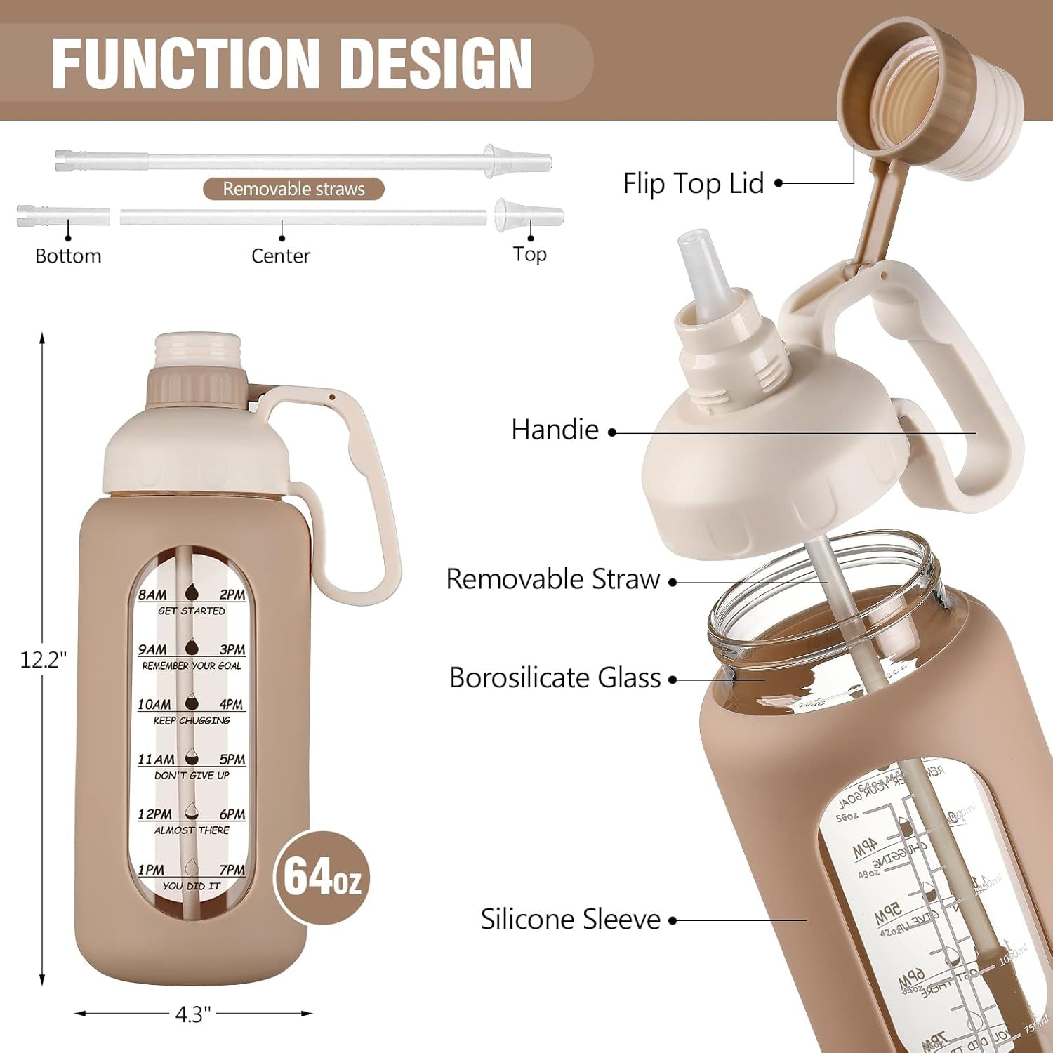 64Oz Glass Water Bottles with Straw, Half Gallon Water Jug with Time Marker, Amber