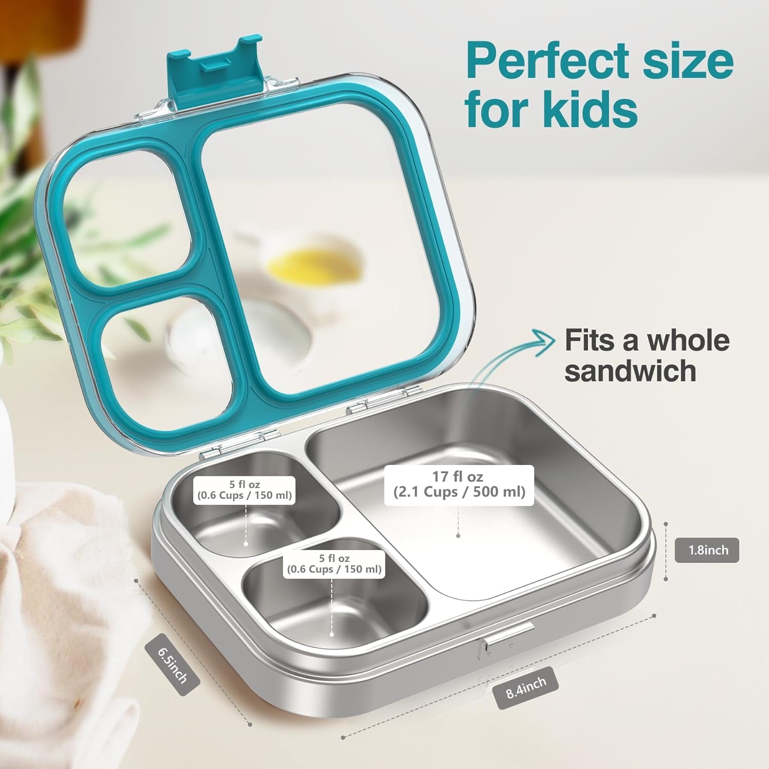 3 Compartments Stainless Steel Lunch Box, Leak-Proof Lunch Box for School Office, Dishwasher Safe, BPA-Free
