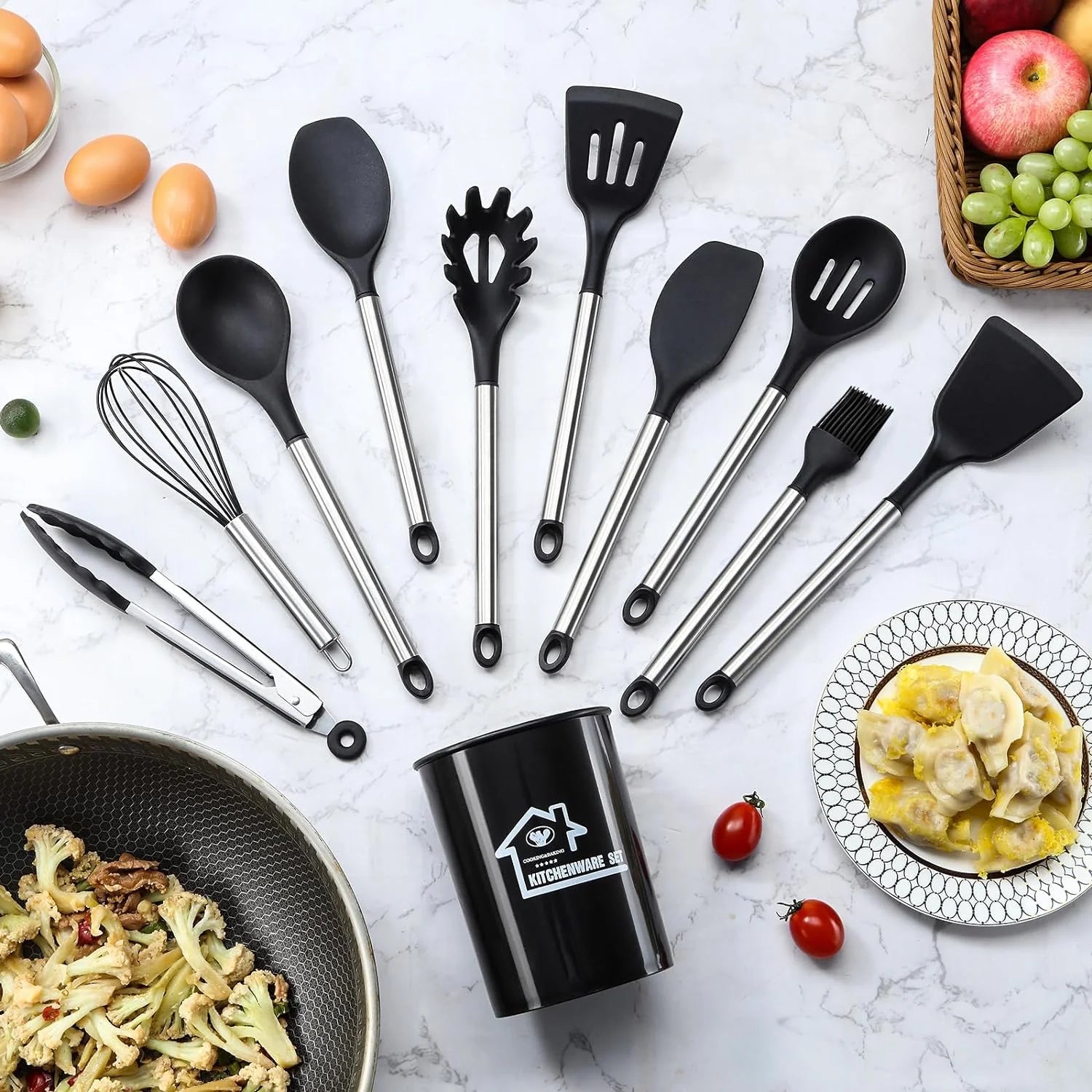21 Pcs Silicone Cooking Utensils Set with Holder, BPA-Free, Non-Stick Heat Resistant Silicone Cookware with Stainless Steel Handle