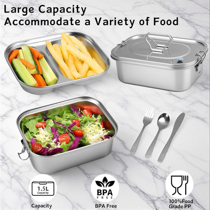 1500ML 2-Compartment Tray Stainless Steel Bento Box Leakproof with Airtight Valve Handle, Including Utensil Set (Fork/Knife/Chopsticks) 