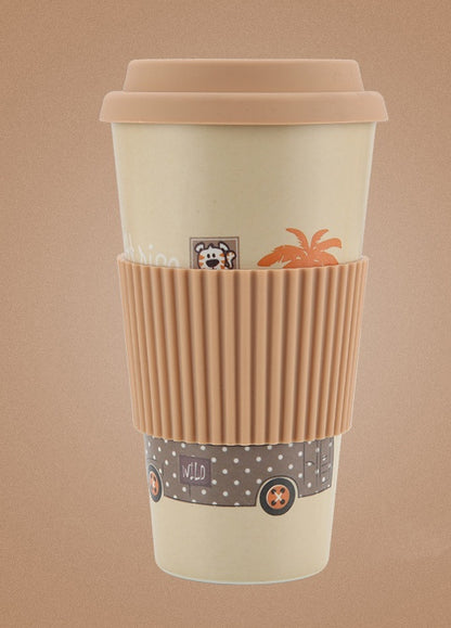 Set of Colorful Bamboo Coffee Cups with Silicone Lids and Grip Sleeves