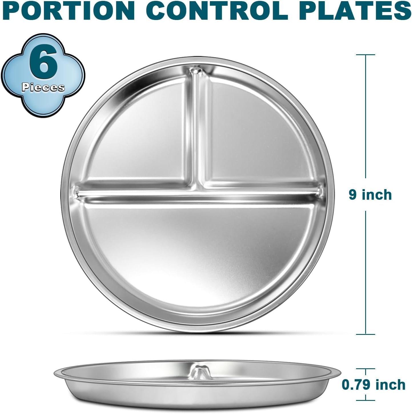 Stainless Steel Toddler Plate Set of 6, 9" Portion Control Plates Divided Plate, Non Slip and Dishwasher Safe