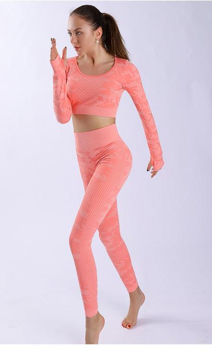Cross-Border Autumn and Winter New Camouflage Knitted Fitness High-Waist Hip Pants Slim Sports Seamless Yoga Clothing Suit Women