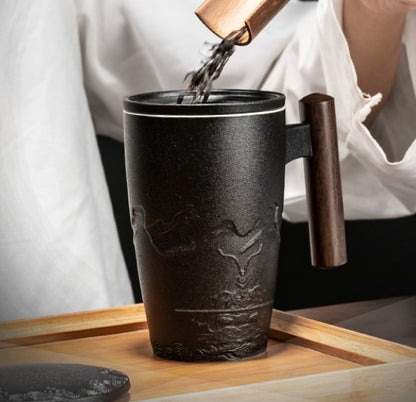 Hand-Crafted Nepal-Style Ceramic Mug with Wooden Handle and Lid