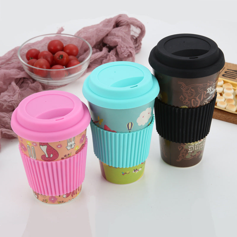 Set of Colorful Bamboo Coffee Cups with Silicone Lids and Grip Sleeves
