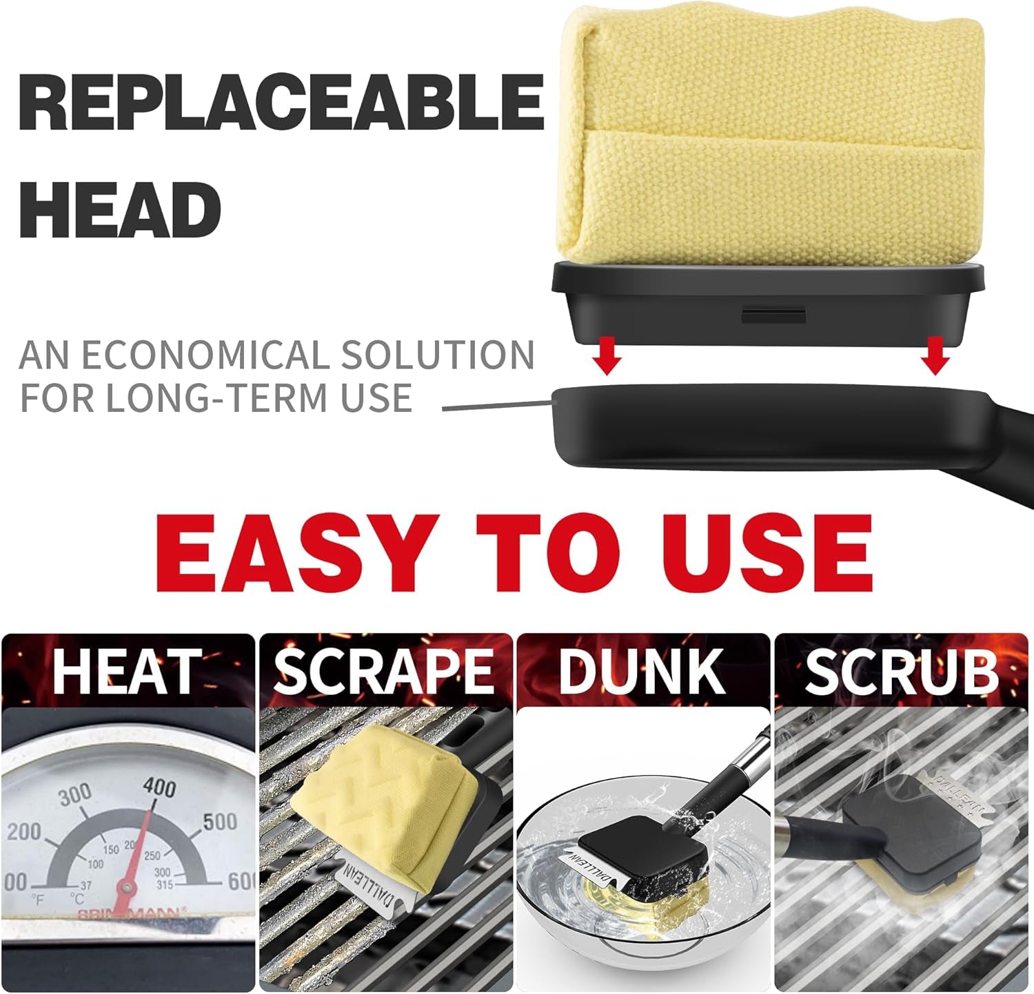 BBQ Grill Brush Bristle Free for Outdoor Grill, Replaceable Head Cleaning Brush, Steam Grate Cleaner, BBQ Cleaning Brush, Scraper for Grill Grates