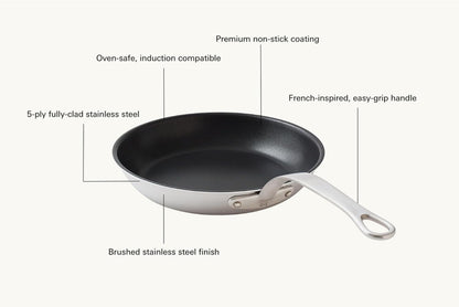 10” Non Stick Pan - French Inspired Stainless Steel Frying Pan, Non Stick Skillet, Induction Compatible & Oven Safe