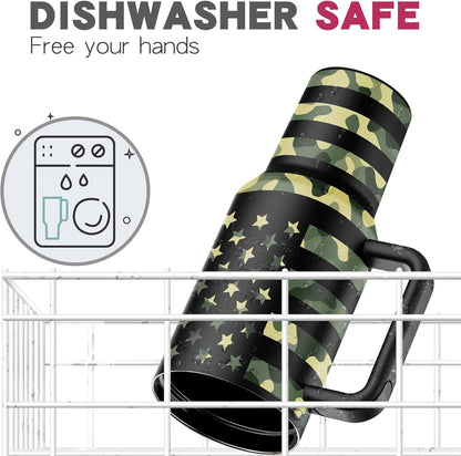 40 Oz Stainless Steel Tumbler with Handle and Flip Straw Lid - Upgraded (Camo Flag)