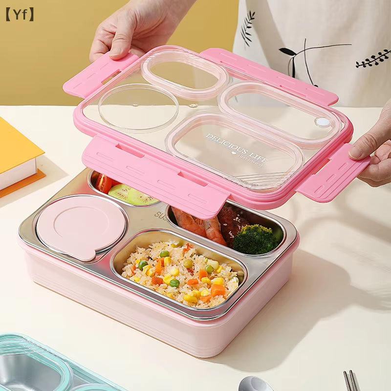 Square 4-Compartment Meal Box Large Capacity Stainless Steel Lunch Box with Soup Container for Students and Office Workers