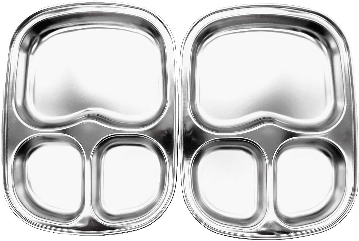 Korean 3 Compartment Stainless Steel Divided Plates, BPA Free, Set of 2