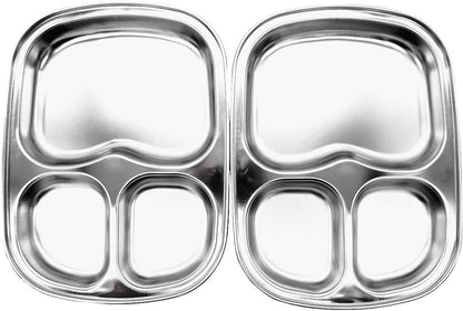 Korean 3 Compartment Stainless Steel Divided Plates, BPA Free, Set of 2
