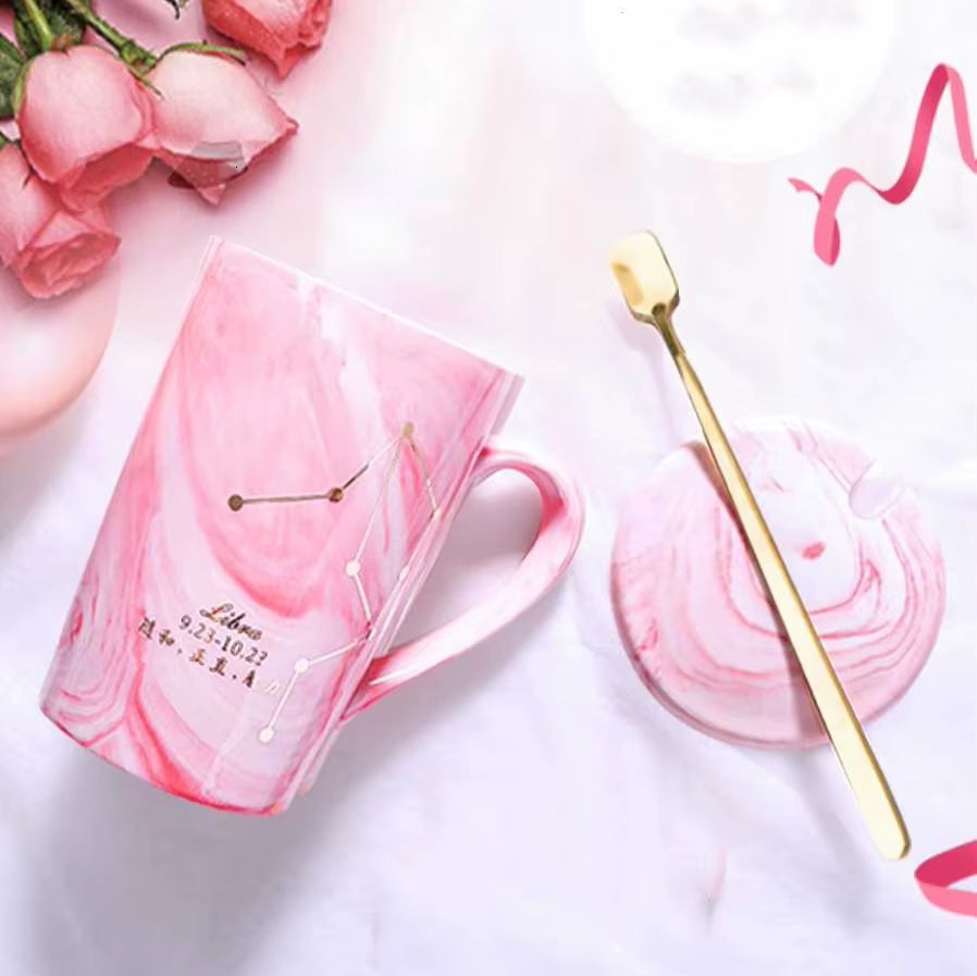 380ML  Natural Marble 12 Constellation Ceramic Pink Zodiac Mug with Lid