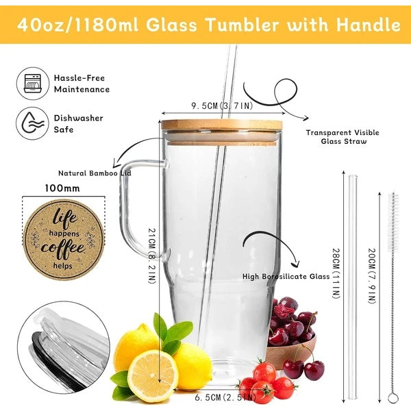 Stylish Glass Cup with Bamboo Lid and Straw