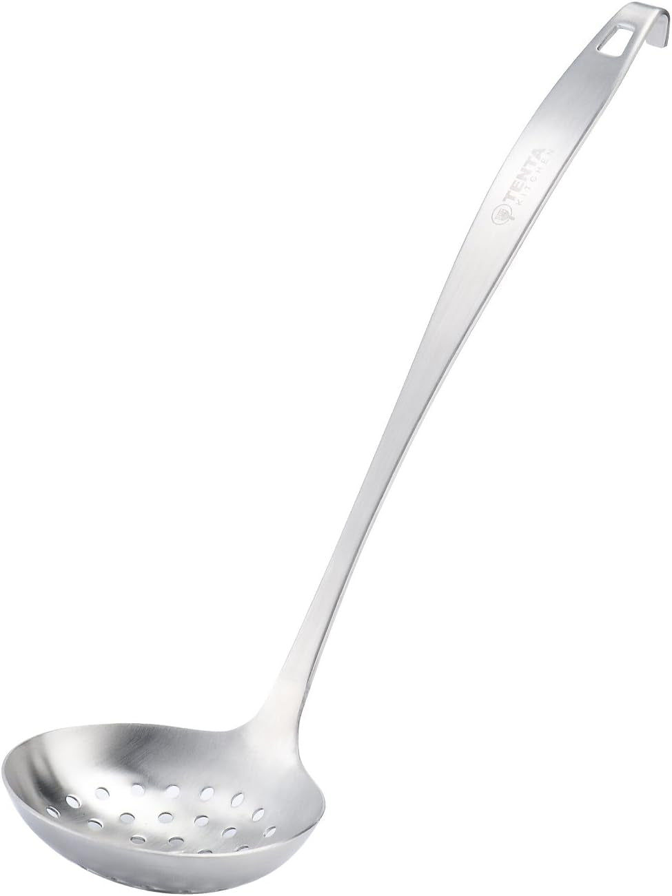 11.5"X 3.6" One Piece Stainless Steel Skimmer/Slotted Spoon/Strainer Ladle with Hook and Hole for Easy Hanging