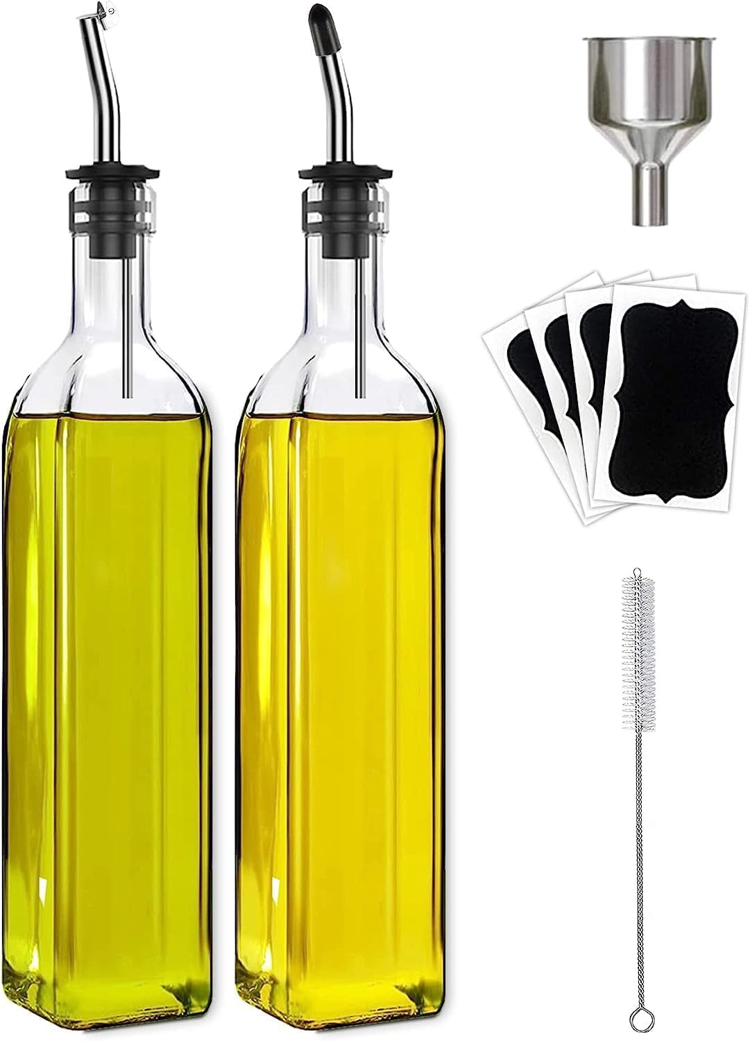 2 Pcs Glass Olive Oil Dispenser and Vinegar Dispenser Set with 2 Stainless Steel Pourers, 4 Labels,1 Brush and 1 Funnel Oil Bottles for Kitchen (500Ml)