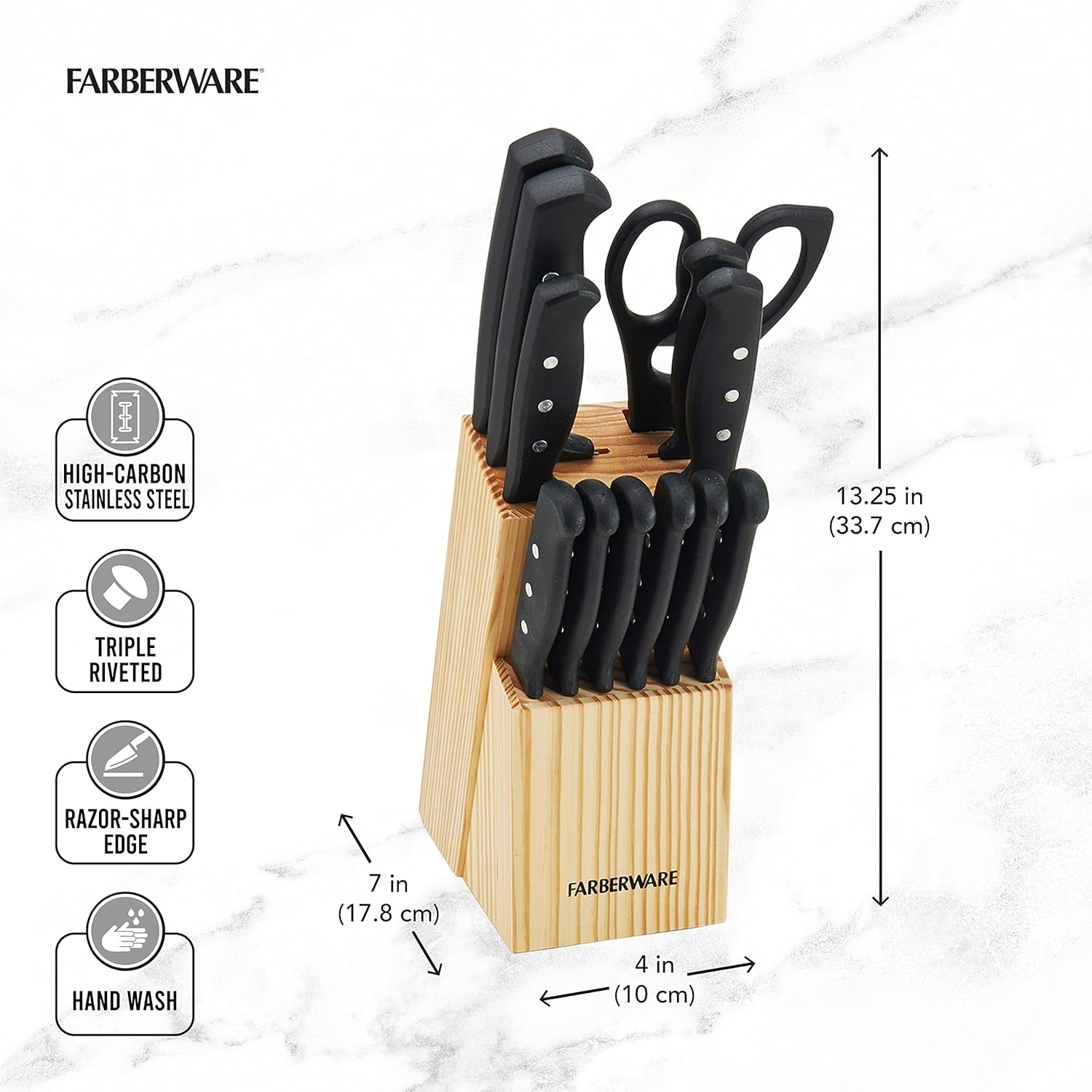 22-Piece Never Needs Sharpening Triple Rivet High-Carbon Stainless Steel Knife Block and Kitchen Tool Set, Black