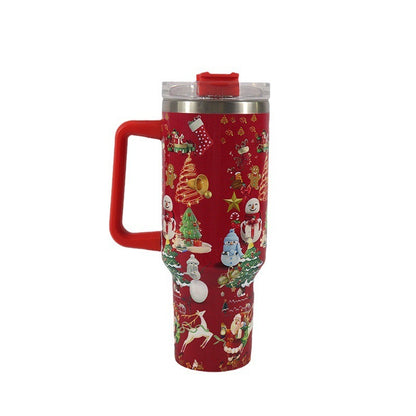 Christmas Stainless Steel Tumbler with Handle, Lid & Straw