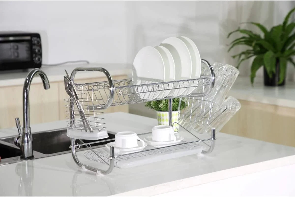 23-Inch Stainless Steel 2-Tier Dish Rack with Utensil Holder, Cutting Board Holder and Dish Drainer for Kitchen Counter 