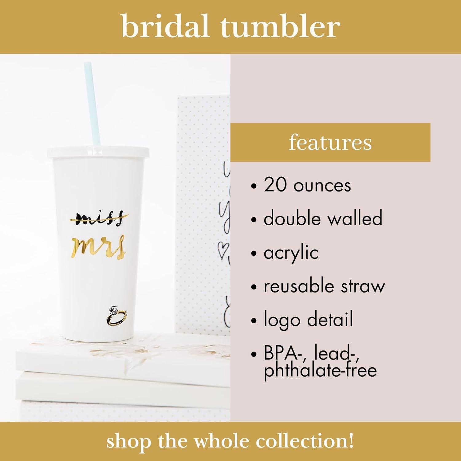 20 Oz Acrylic Bridal Tumbler with Lid and Straw, Slim Double Wall Tumbler, Miss to Mrs. (White)