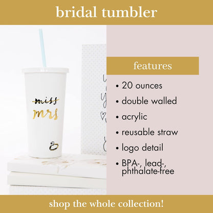 20 Oz Acrylic Bridal Tumbler with Lid and Straw, Slim Double Wall Tumbler, Miss to Mrs. (White)